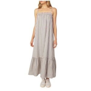 We Wore What Revolve Gingham Smocked Shift Maxi Dress Blue, Tan & Whisper White